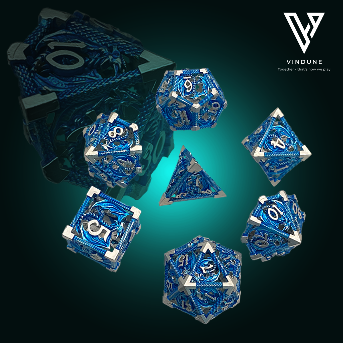 Polyedrisches 7-teiliges Metall-Würfelset Blau, Gold, Grün, Rot Drachenmuster für Rollenspiele und Pen & Paper