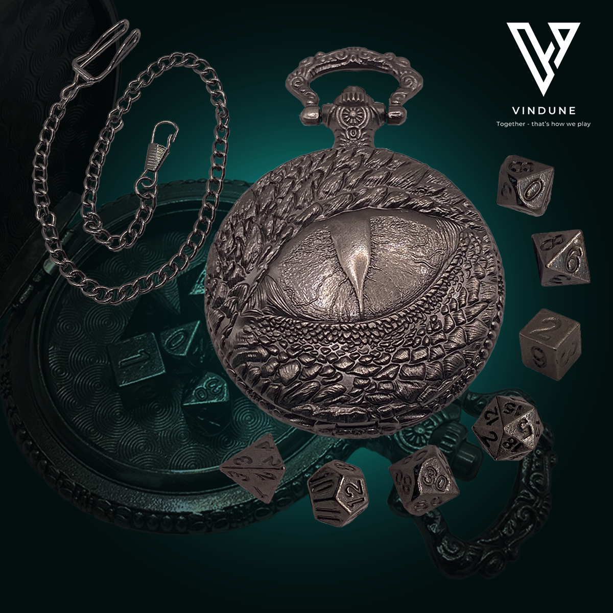 Polyedrisches Metall-Würfelset mit Drachen-Taschenuhrgehäuse