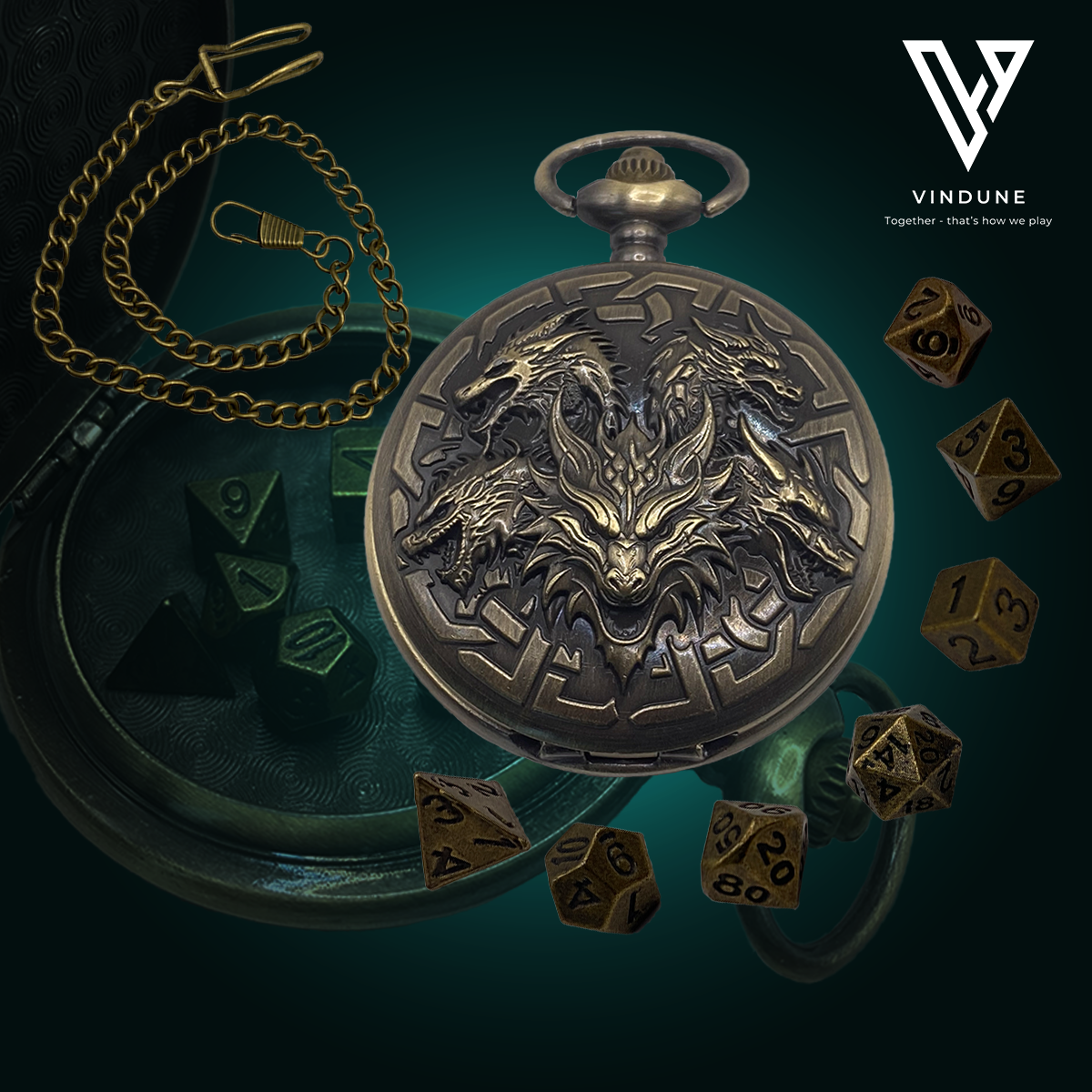 Polyedrisches Metall-Würfelset mit Drachen-Taschenuhrgehäuse